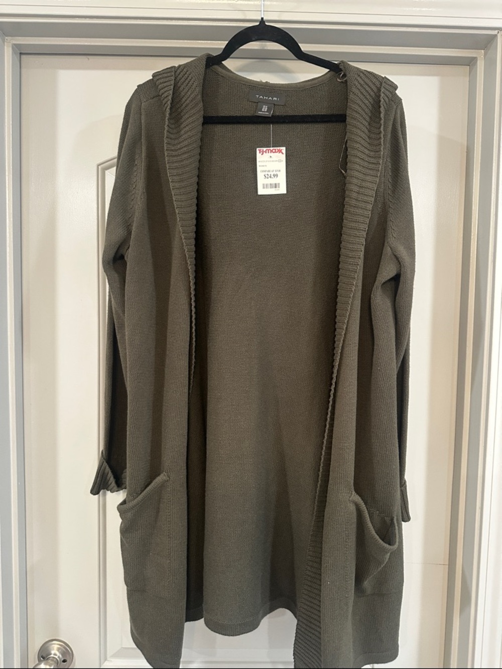 Tahari Olive Hooded Open-Front Cardigan with Pockets